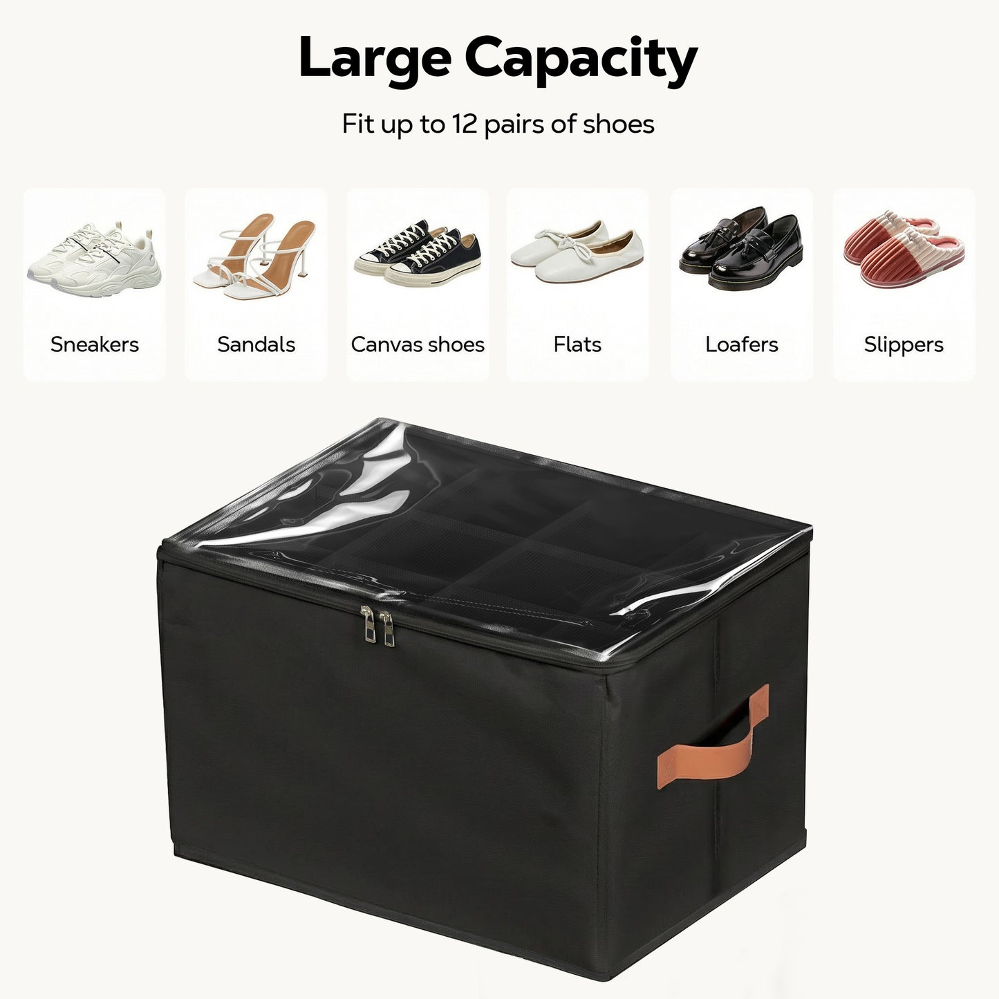 Riousery 2-Pack Under Bed Shoe Organizer for Closet, 24 Individual Shoe Slots, Foldable Storage Boxes with Clear Zipper Cover & Handles, Black