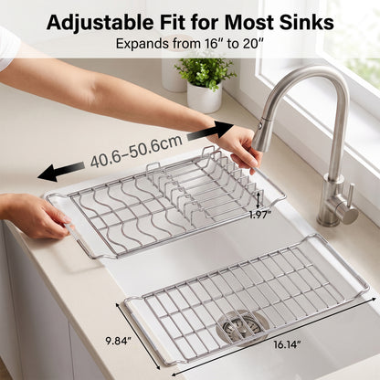 Riousery Over the Sink Dish Drying Rack Set, Expandable Stainless Steel Dish Rack, 2-Piece Adjustable Sink Drying Rack with Plate Holder & Flat Rack, 16-20 in