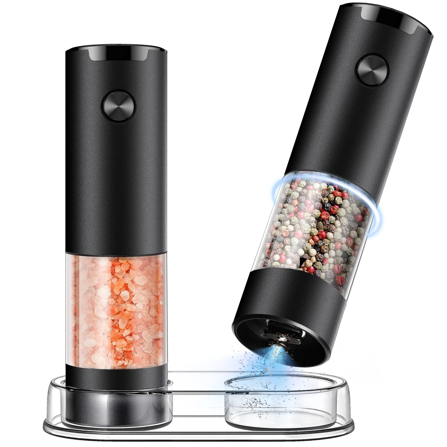 M Buder Electric Salt and Pepper Grinder Set, Automatic Battery Pepper Mill Shakers Adjustable Coarseness Easy Filling with Led, 2 Pack, Black
