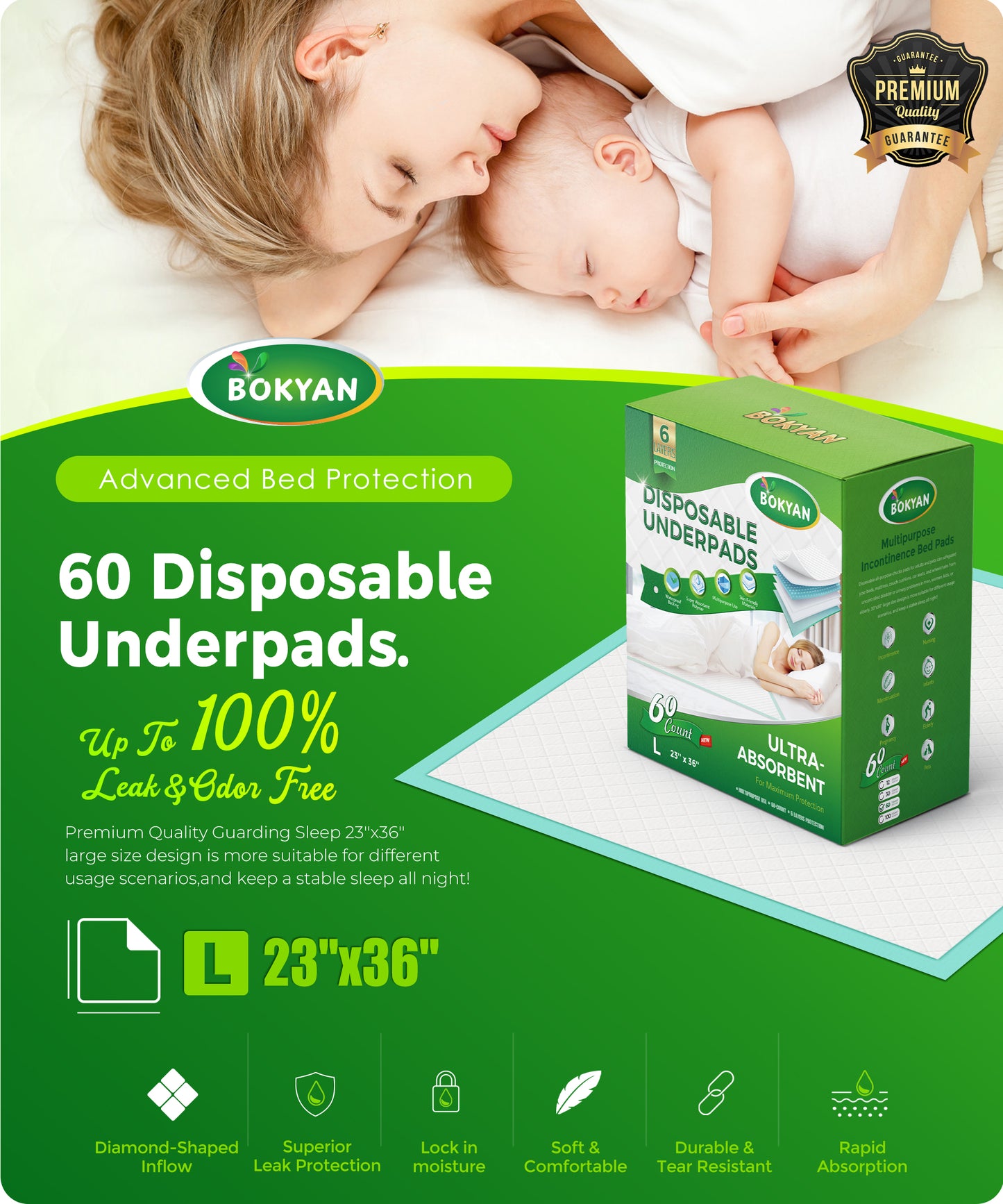 BOKYAN Disposable Underpads, 23 x 36 Disposable Incontinence Bed Pads for Adults, Puppy Pads, 60 Count