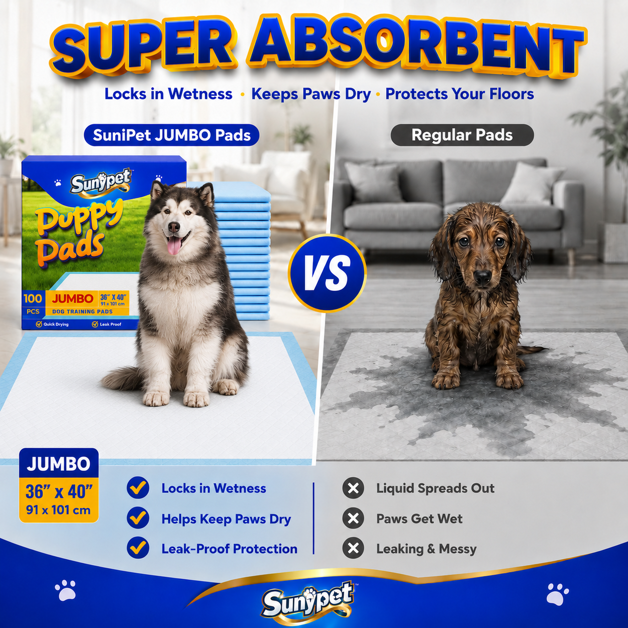 Sunypet Puppy Pads Disposable Dog Potty Training Pads, Quick Dry, Ultra Absorbent,Jumbo 36"x40", 100ct