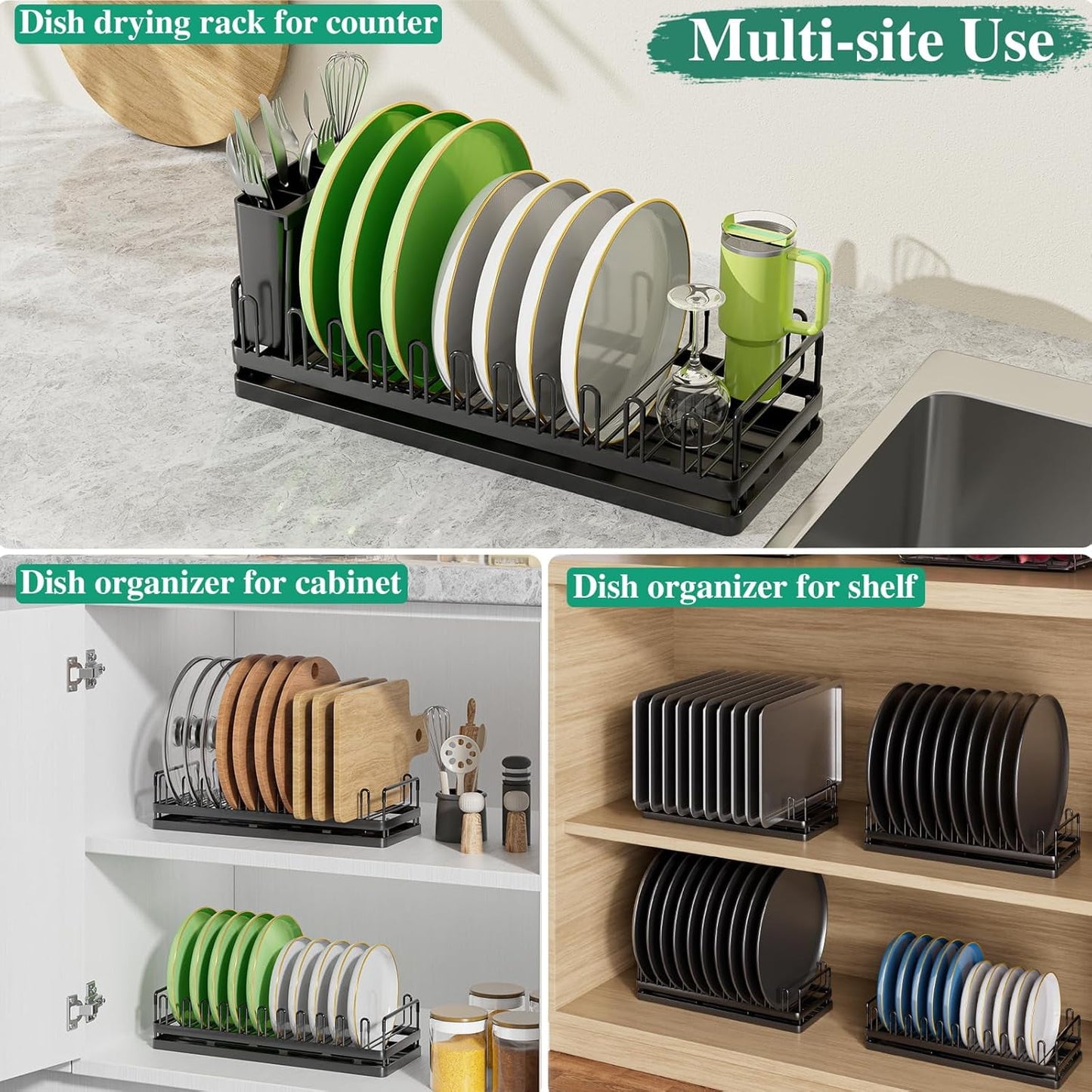 WEENEED 2-Tier Dish Drying Rack for Kitchen Counter, Large Capacity Stainless Steel Sink Drainer with Detachable Cutlery Basket, Removable Drain Tray, Silver
