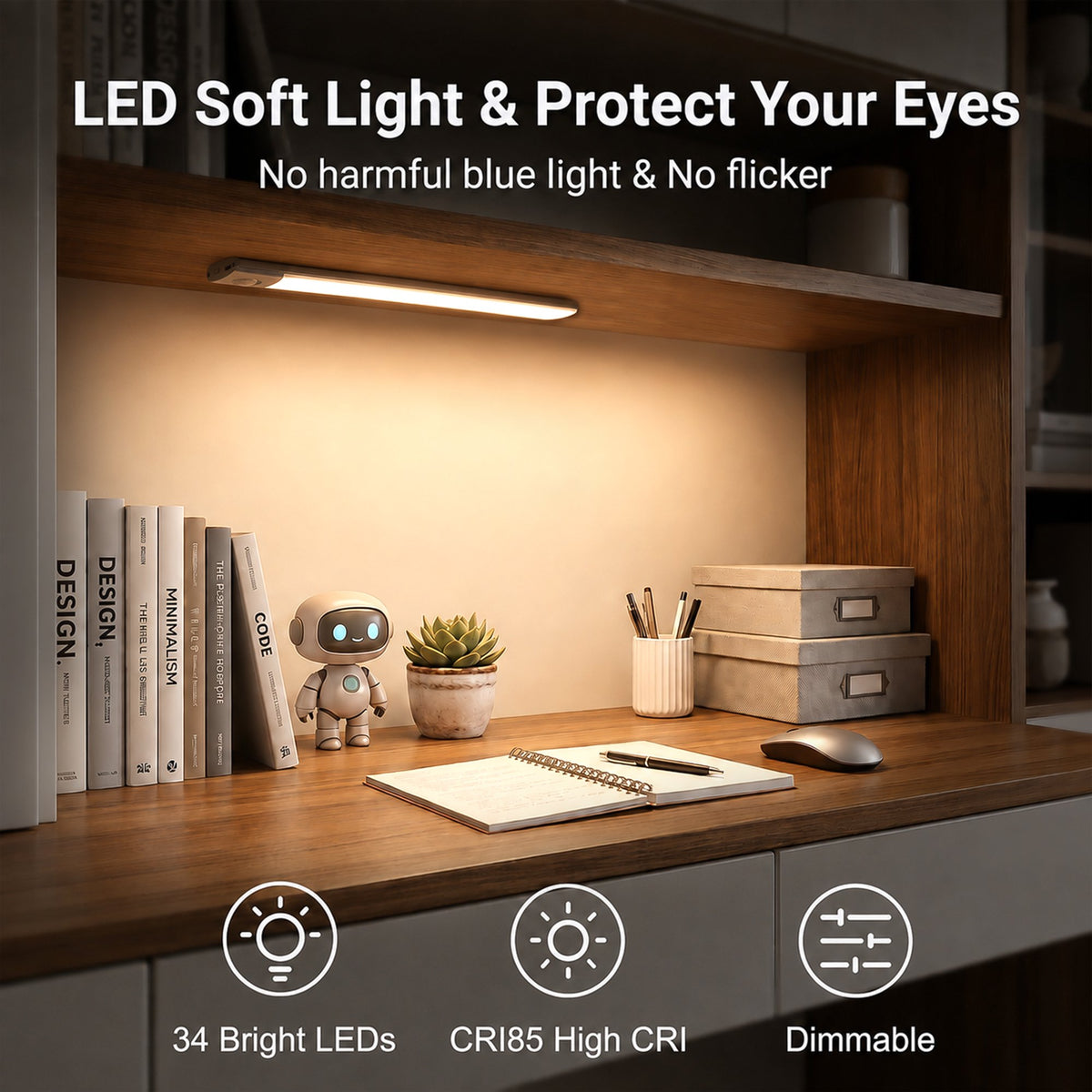 OHHANI 34 LED Under Cabinet Lights, 3 Color Temperature Adjustable, Usb Rechargeable Motion Sensor Lights with Magnetic Strip for Kitchen, Wardrobe, Stairs, 4 Pack