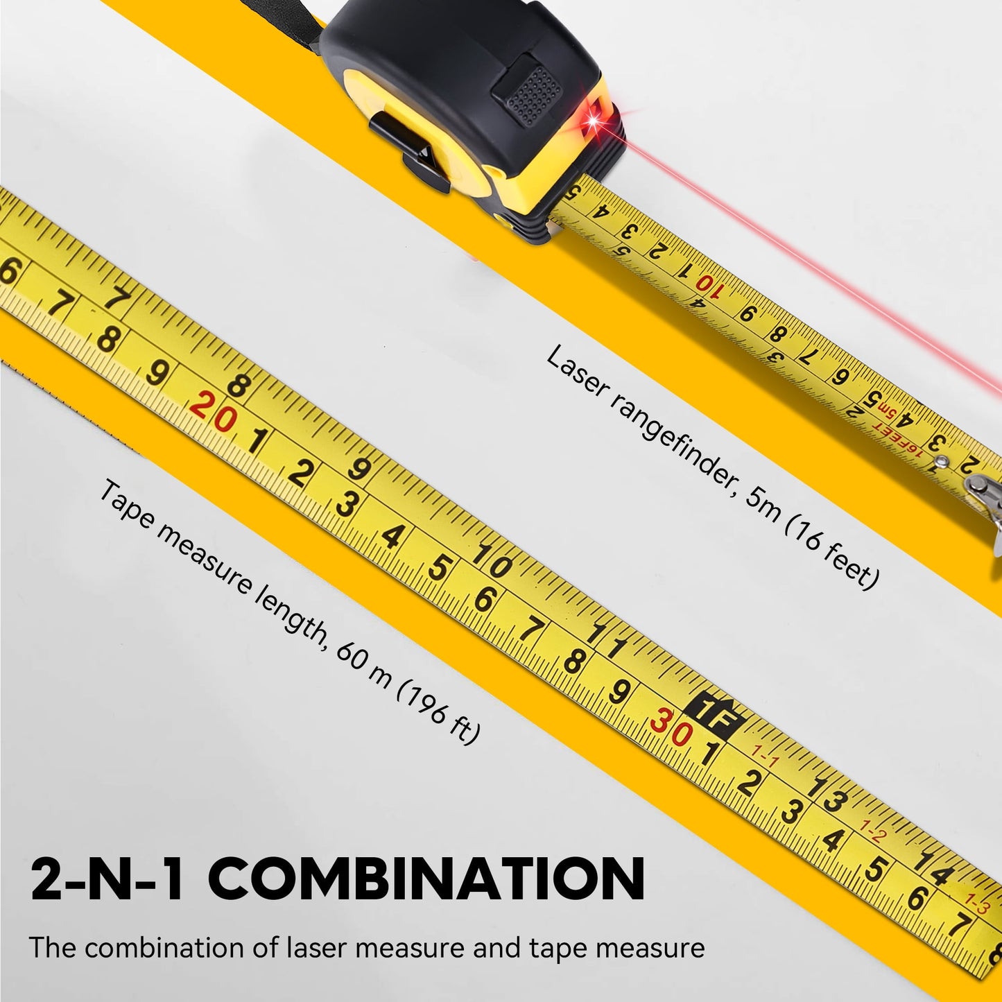 YAHHU 2-in-1 Laser Tape Measure, 196 ft/60m, Metric & US Units, LCD Display