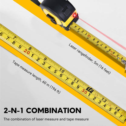 YAHHU 2-in-1 Laser Tape Measure, 196 ft/60m, Metric & US Units, LCD Display