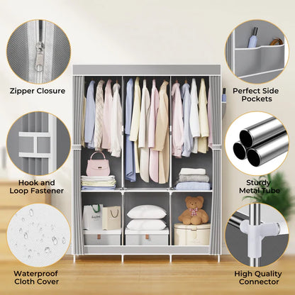 Riousery Portable Closet, 51 Inch Wardrobe Closet for Hanging Clothes 6 Storage Organizer Shelves, Grey