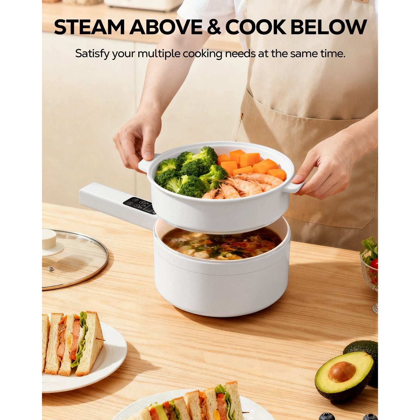 Casualife 2L Electric Hot Pot with Steamer, 6-in-1 Multi-Cooker, 5-Temp Adjustable, Keep-Warm Function，0.5-9.5H Timer for Steak, Egg, Fried Rice, Soup