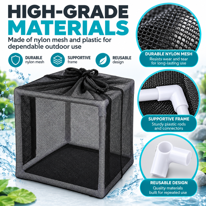 GONCON Pond Filter Bag Anti Clogging Mesh Water Pump Barrier Bag Outdoor Pond Pump Filter Basket Box Cover with 12 Connecting Rods for Waterfalls Fountains and Gardens, 10.00x10.00x10.00 Inches