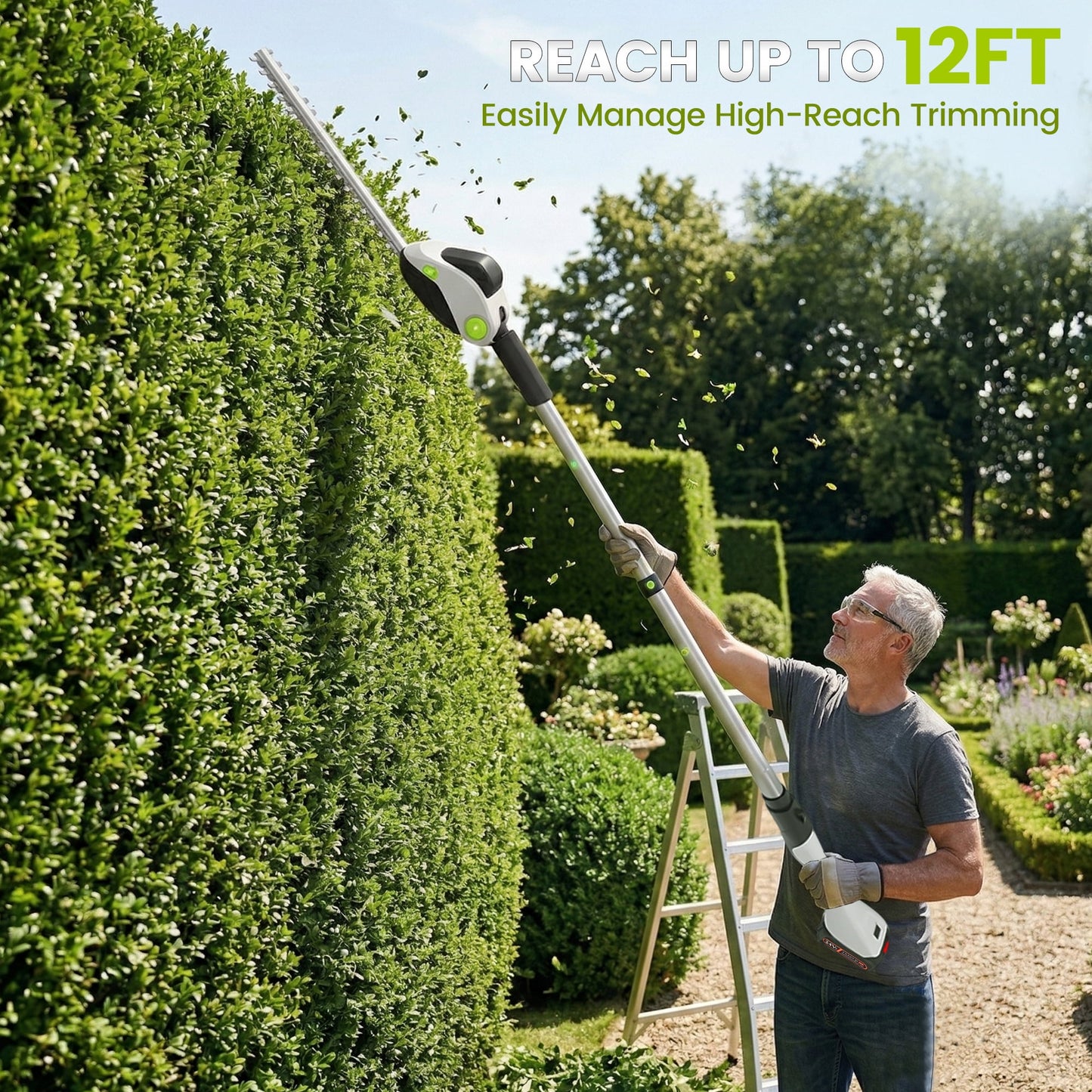 HOTREE 21V Cordless Pole Hedge Trimmer with 2 x 2.0Ah Batteries and Charger, 12ft Reach 3-in-1 Foldable Hedge Shrub Trimmer and Grass Shear ,Grey