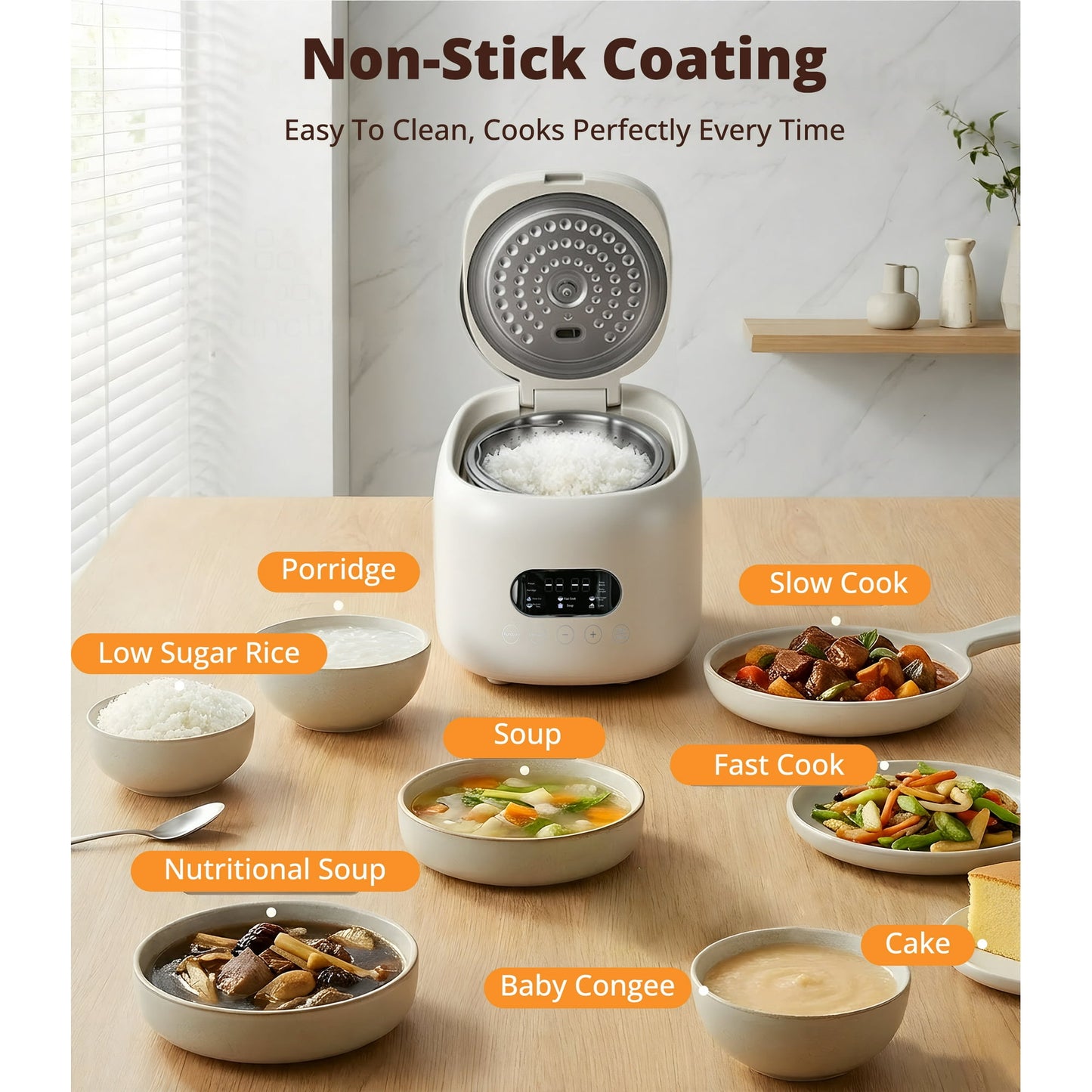 Casualife 3QT Rice Cooker with Starch-Reducing Steamer, 10-in-1 Multicooker with No-Coating Inner Pot and 24-Hour Timer, White
