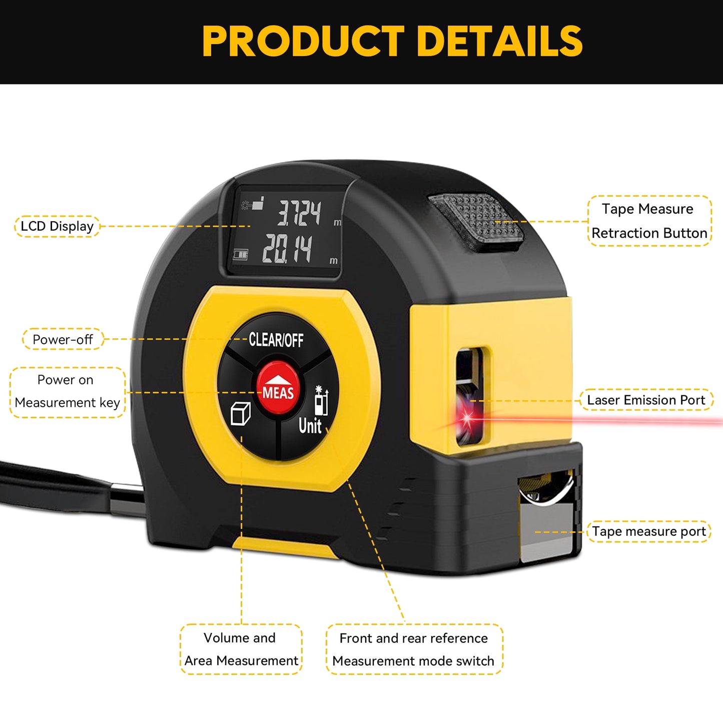 YAHHU 2-in-1 Laser Tape Measure, 196 ft/60m, Metric & US Units, LCD Display