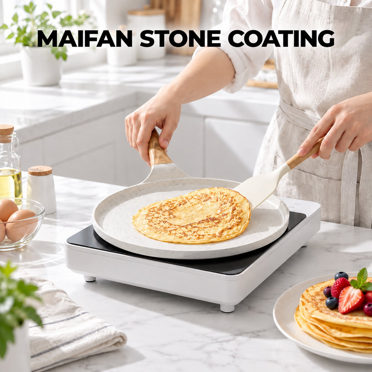 LZSDS 10 in Induction Compatible Nonstick Crepe Pan with Spreader, Off-White