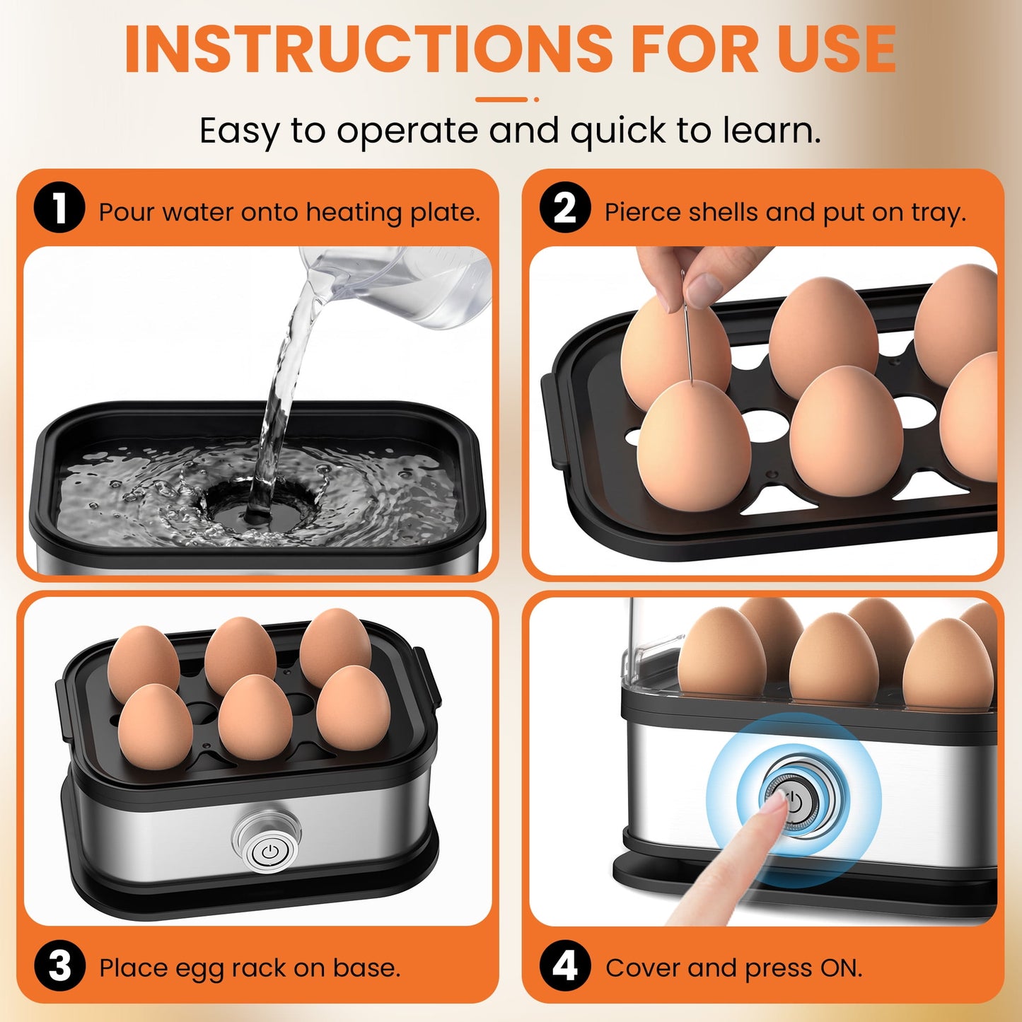 Casualife Electric Egg Cooker, 6 Eggs, Auto Shut-Off, Rapid Boil, with Measuring Cup & Poaching Tray