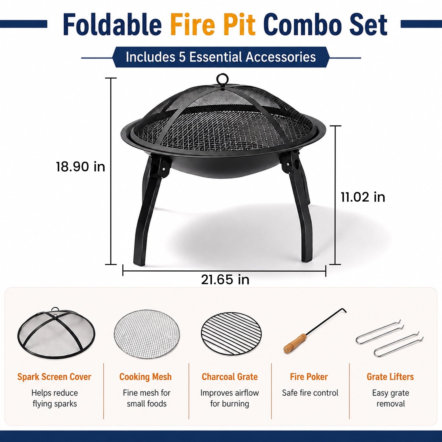 OHHANI Portable Outdoor Fire Pit, Heavy Duty Steel Wood Burning Fireplace with Spark Screen, Grill Grate & Poker, Black