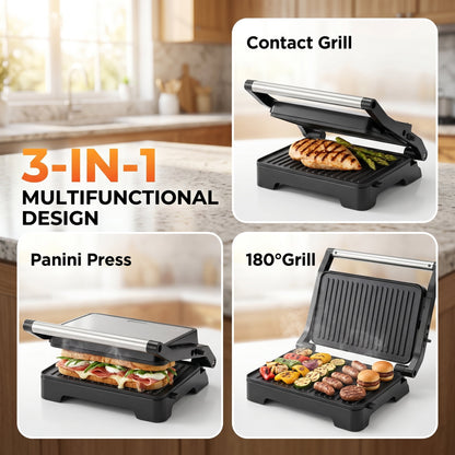 Casualife Electric Panini Press Grill, 180° Opening Non-Stick Sandwich Maker, 2-Slice Grill Press for Burgers, Steaks, Bacon, Breakfast Sandwiches
