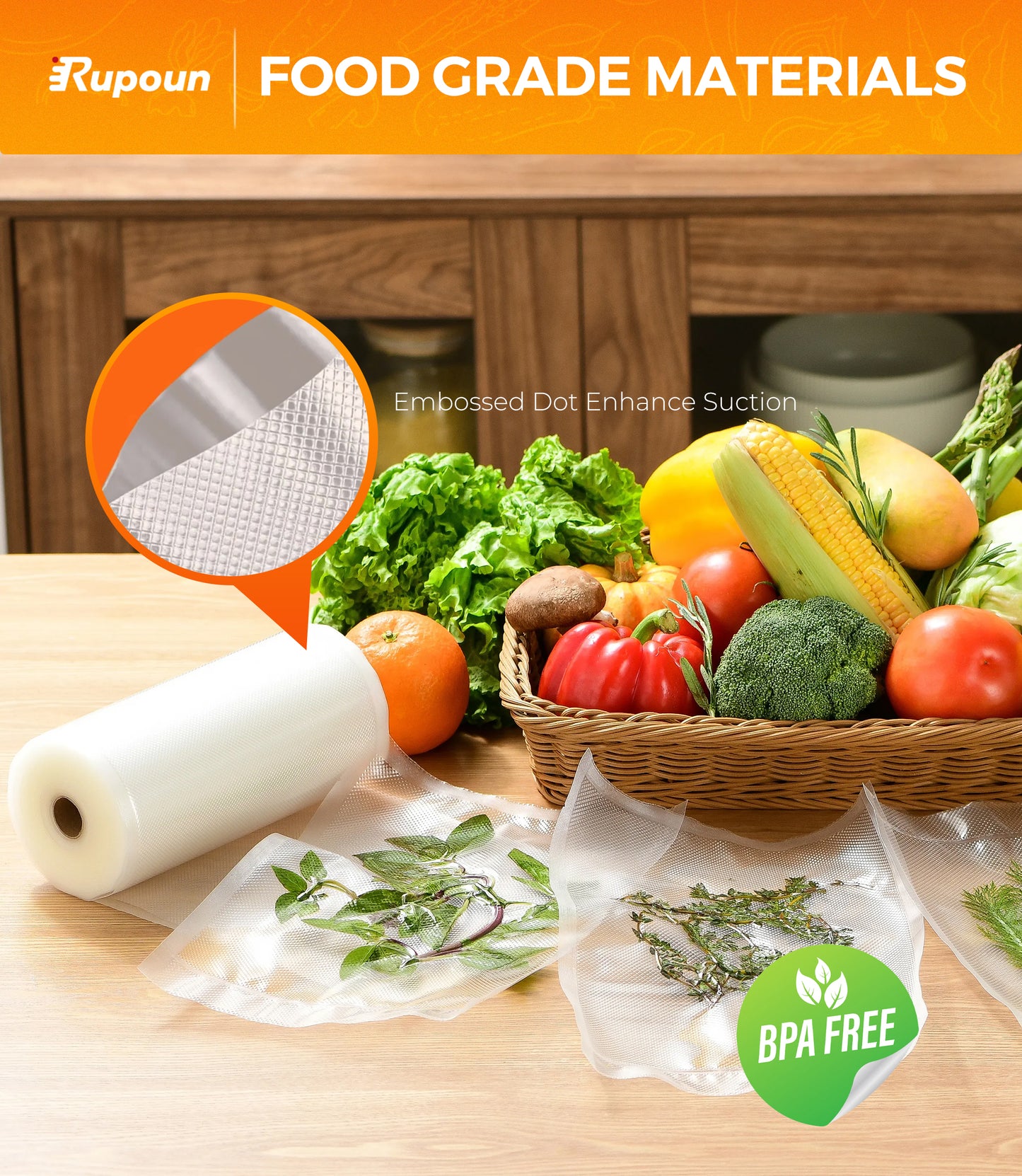 Rupoun 2 Rolls 8" X 20' Vacuum Sealer Bags, Food Storage Seal Bag Rolls for Food, Clear