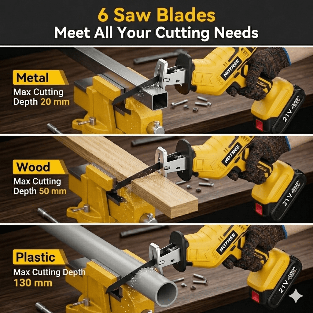 HOTREE Cordless Reciprocating Saw, Variable Speed, 2 x 2.0Ah Batteries, Blades Kit for Wood, Metal, PVC Cutting, Yellow