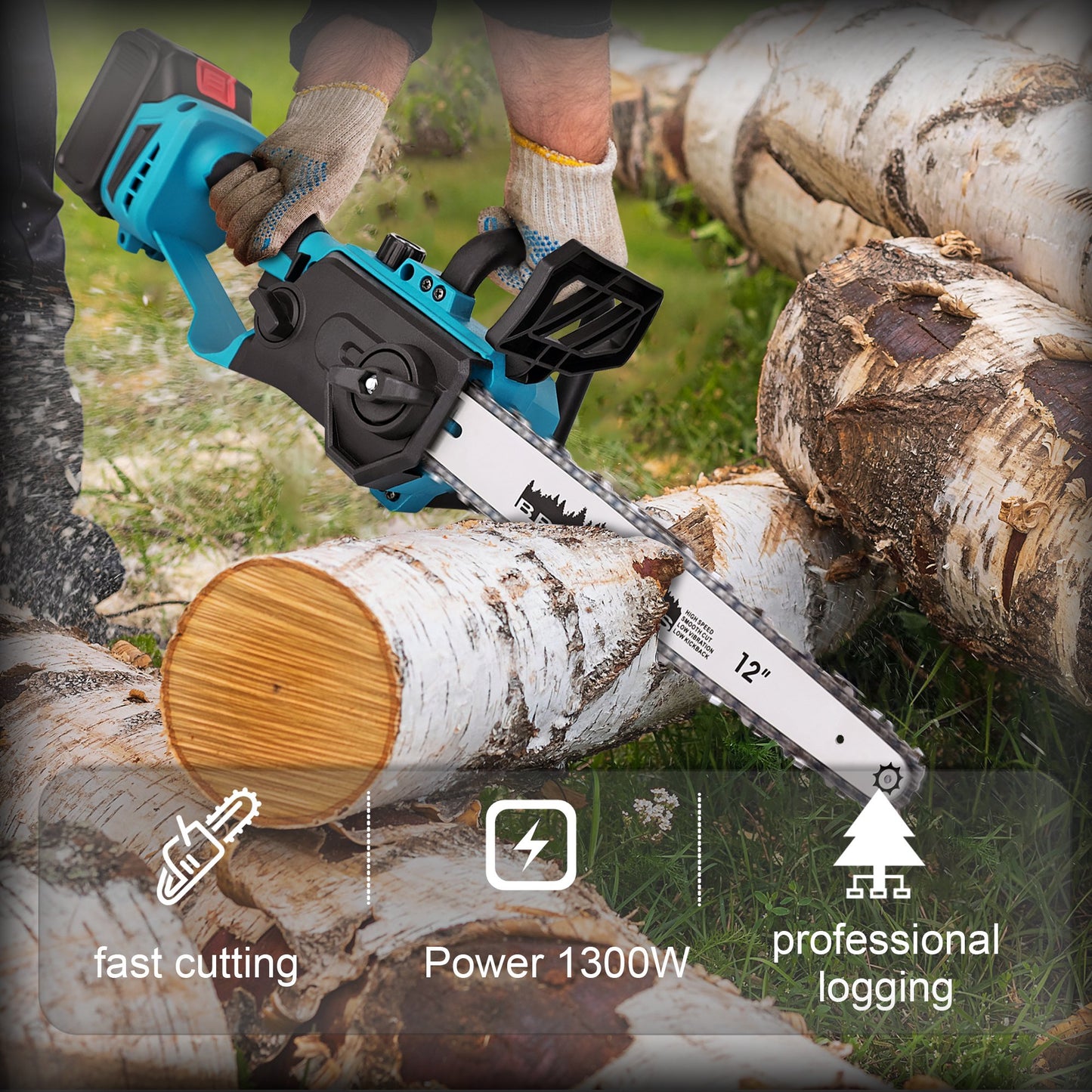 YAHHU 12 Inch Cordless Mini Chainsaw, Portable Handheld Electric Chainsaw, 21V Batteries 2 Pack, for Tree Pruning, Wood Cutting