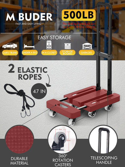 Folding Hand Truck, 500 lbs Capacity Utility Dolly Platform Cart with 6 Wheels & 2 Elastic Ropes for Luggage, Travel, Shopping, Moving, Office Use - Red Folded Size Is 11.8" x 17.7"