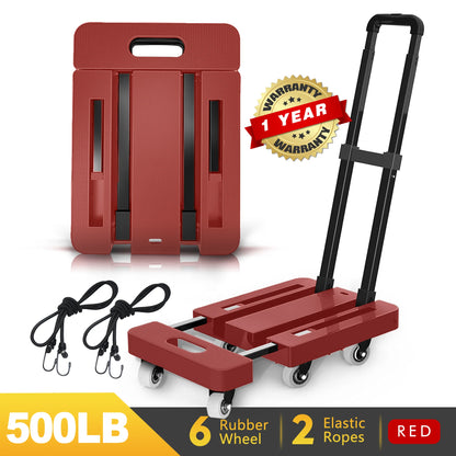 Folding Hand Truck, 500 lbs Capacity Utility Dolly Platform Cart with 6 Wheels & 2 Elastic Ropes for Luggage, Travel, Shopping, Moving, Office Use - Red Folded Size Is 11.8" x 17.7"