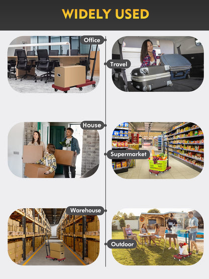 Folding Hand Truck, 500 lbs Capacity Utility Dolly Platform Cart with 6 Wheels & 2 Elastic Ropes for Luggage, Travel, Shopping, Moving, Office Use - Red Folded Size Is 11.8" x 17.7"