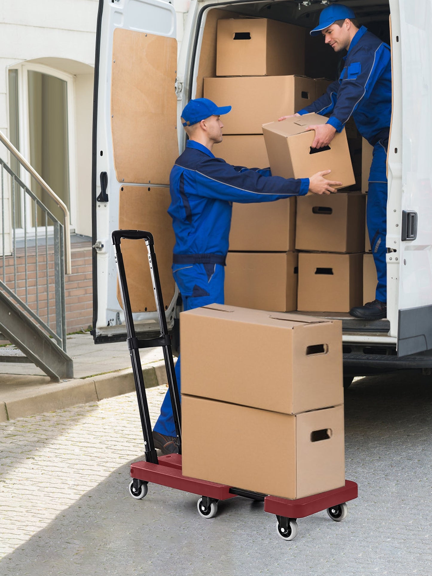 Folding Hand Truck, 500 lbs Capacity Utility Dolly Platform Cart with 6 Wheels & 2 Elastic Ropes for Luggage, Travel, Shopping, Moving, Office Use - Red Folded Size Is 11.8" x 17.7"
