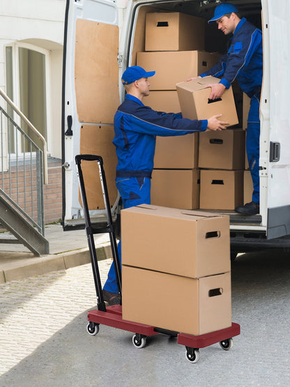 Folding Hand Truck, 500 lbs Capacity Utility Dolly Platform Cart with 6 Wheels & 2 Elastic Ropes for Luggage, Travel, Shopping, Moving, Office Use - Red Folded Size Is 11.8" x 17.7"