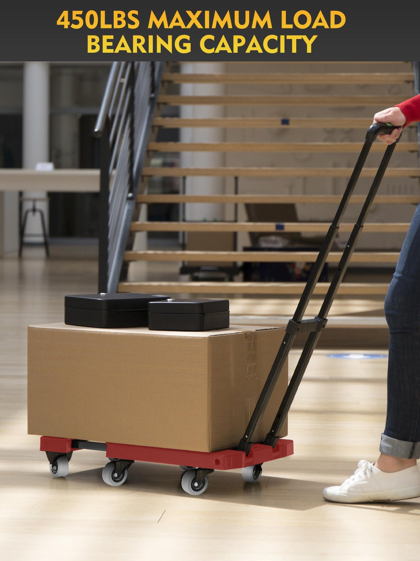 Folding Hand Truck, 500 lbs Capacity Utility Dolly Platform Cart with 6 Wheels & 2 Elastic Ropes for Luggage, Travel, Shopping, Moving, Office Use - Red Folded Size Is 11.8" x 17.7"