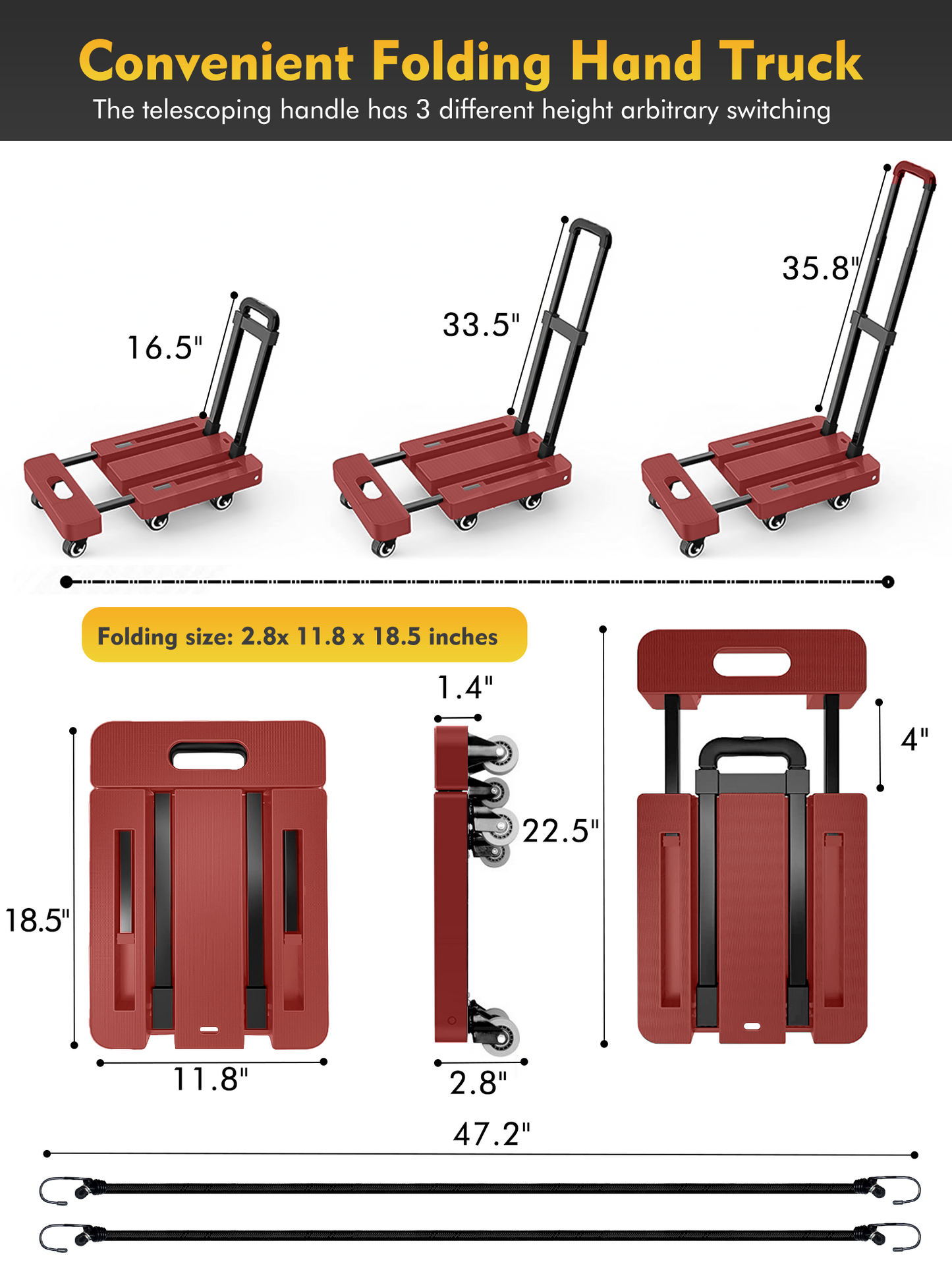 Folding Hand Truck, 500 lbs Capacity Utility Dolly Platform Cart with 6 Wheels & 2 Elastic Ropes for Luggage, Travel, Shopping, Moving, Office Use - Red Folded Size Is 11.8" x 17.7"