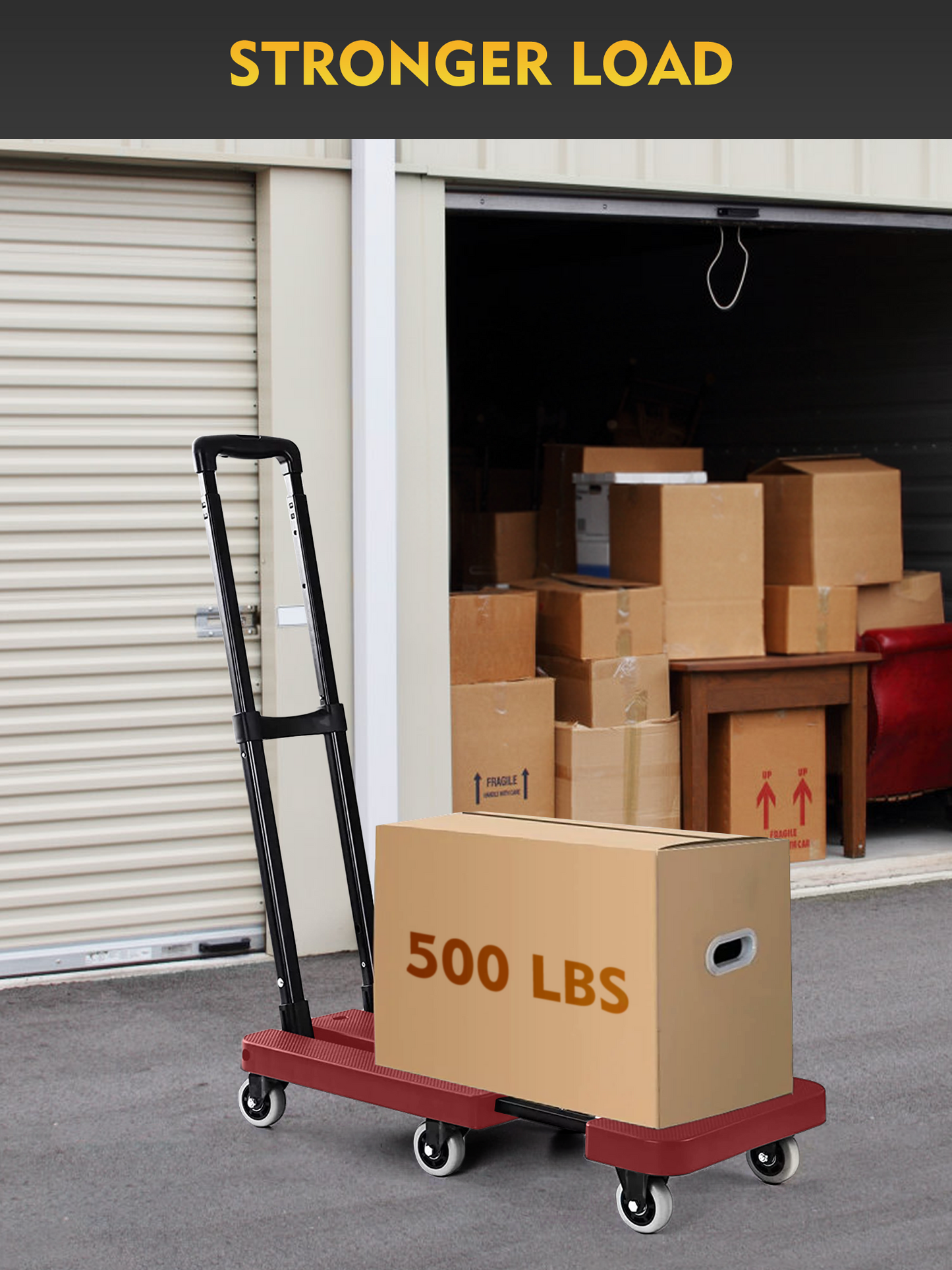 Folding Hand Truck, 500 lbs Capacity Utility Dolly Platform Cart with 6 Wheels & 2 Elastic Ropes for Luggage, Travel, Shopping, Moving, Office Use - Red Folded Size Is 11.8" x 17.7"