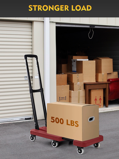 Folding Hand Truck, 500 lbs Capacity Utility Dolly Platform Cart with 6 Wheels & 2 Elastic Ropes for Luggage, Travel, Shopping, Moving, Office Use - Red Folded Size Is 11.8" x 17.7"