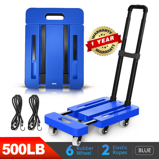 M BUDER Folding Hand Truck, 500 lbs Heavy Duty Dolly Cart, Utility Platform Cart with 6 Wheels for Travel, House, Office, Shopping, Moving Use - Blue High Quality PP Plastic Folded Size 11.8 x 17.7”