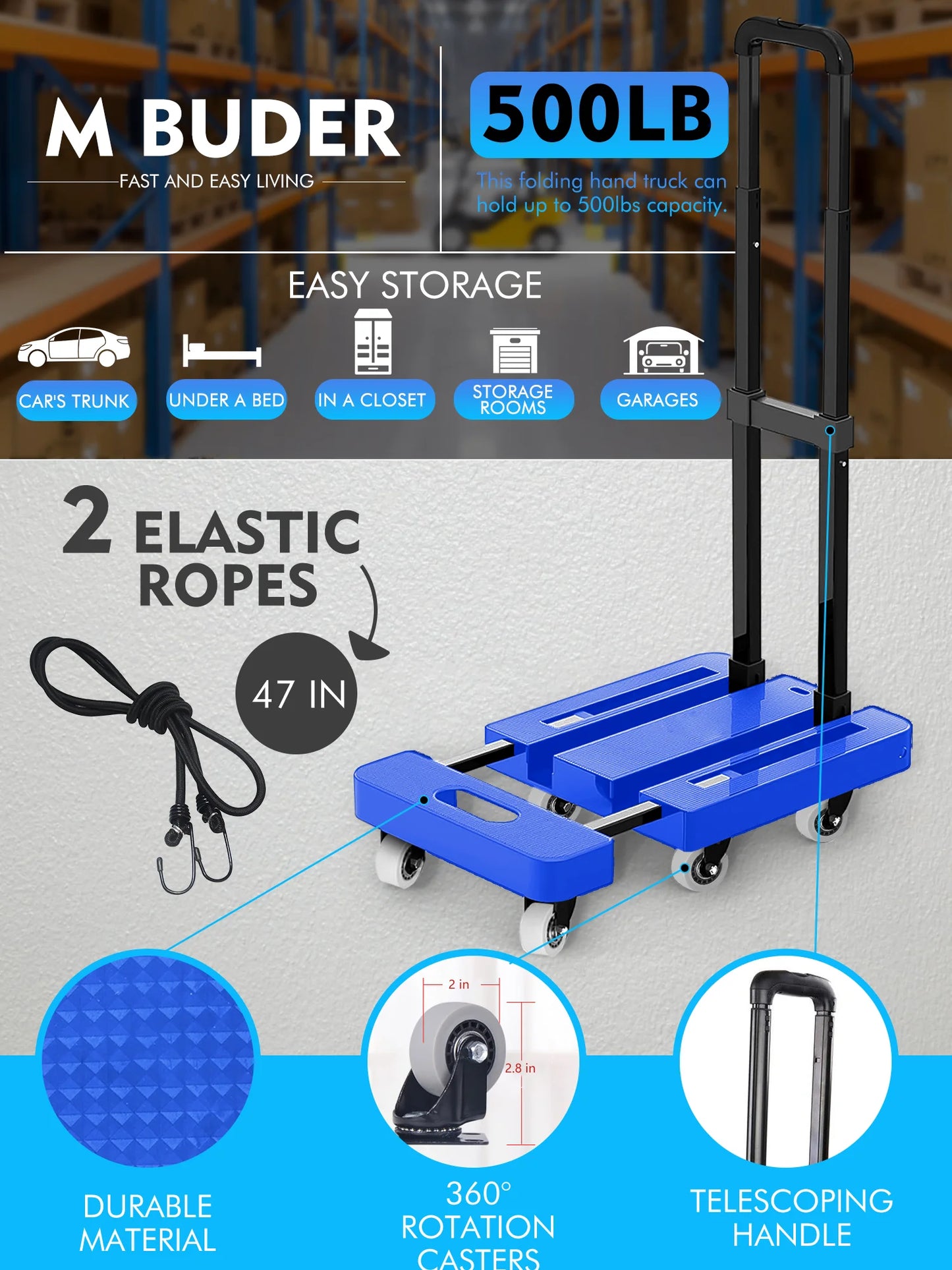 M BUDER Folding Hand Truck, 500 lbs Heavy Duty Dolly Cart, Utility Platform Cart with 6 Wheels for Travel, House, Office, Shopping, Moving Use - Blue High Quality PP Plastic Folded Size 11.8 x 17.7”