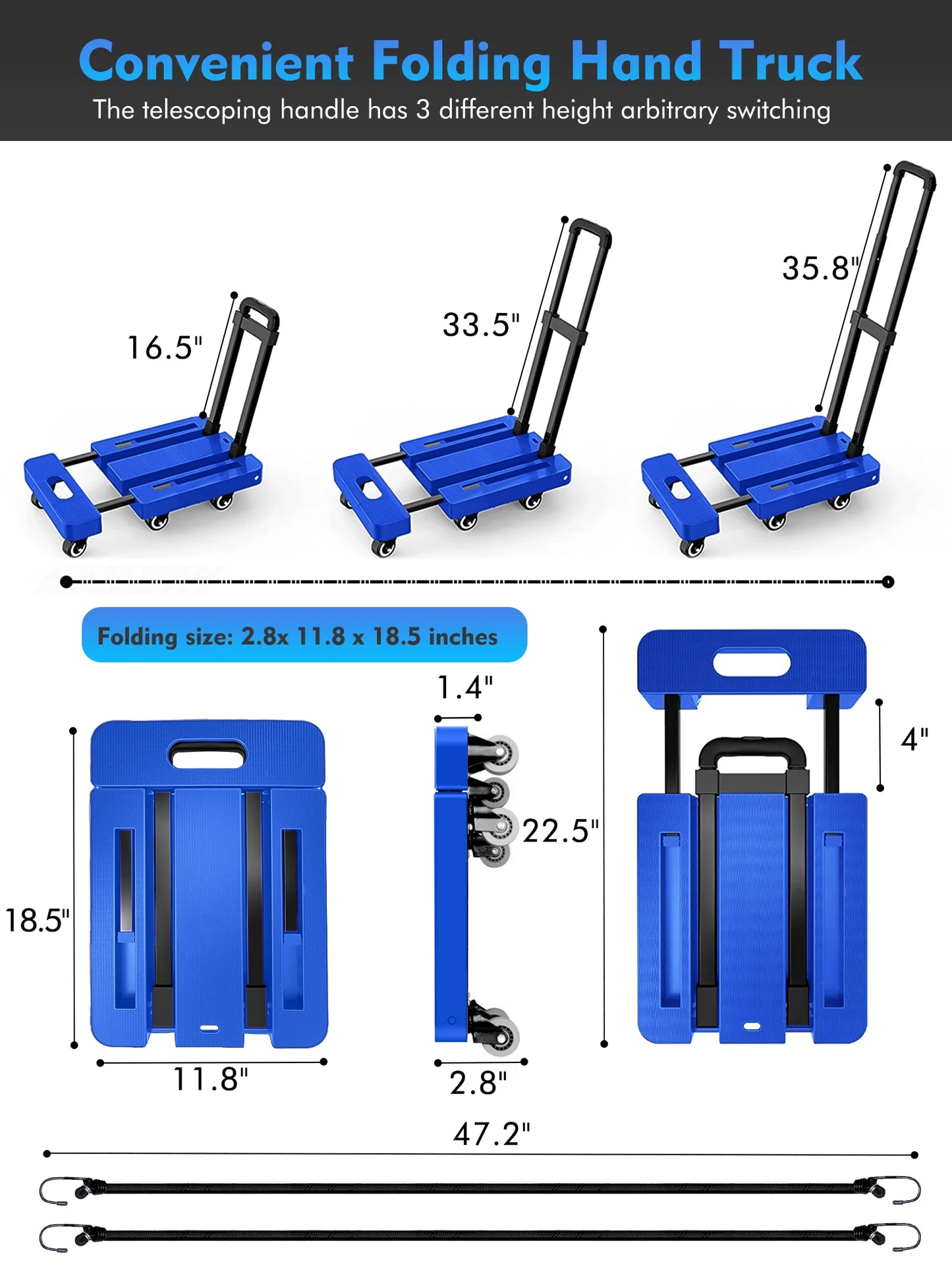 M BUDER Folding Hand Truck, 500 lbs Heavy Duty Dolly Cart, Utility Platform Cart with 6 Wheels for Travel, House, Office, Shopping, Moving Use - Blue High Quality PP Plastic Folded Size 11.8 x 17.7”