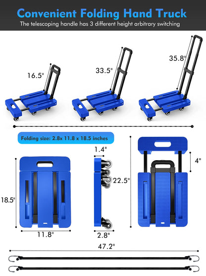 M BUDER Folding Hand Truck, 500 lbs Heavy Duty Dolly Cart, Utility Platform Cart with 6 Wheels for Travel, House, Office, Shopping, Moving Use - Blue High Quality PP Plastic Folded Size 11.8 x 17.7”