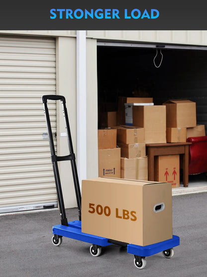 M BUDER Folding Hand Truck, 500 lbs Heavy Duty Dolly Cart, Utility Platform Cart with 6 Wheels for Travel, House, Office, Shopping, Moving Use - Blue High Quality PP Plastic Folded Size 11.8 x 17.7”