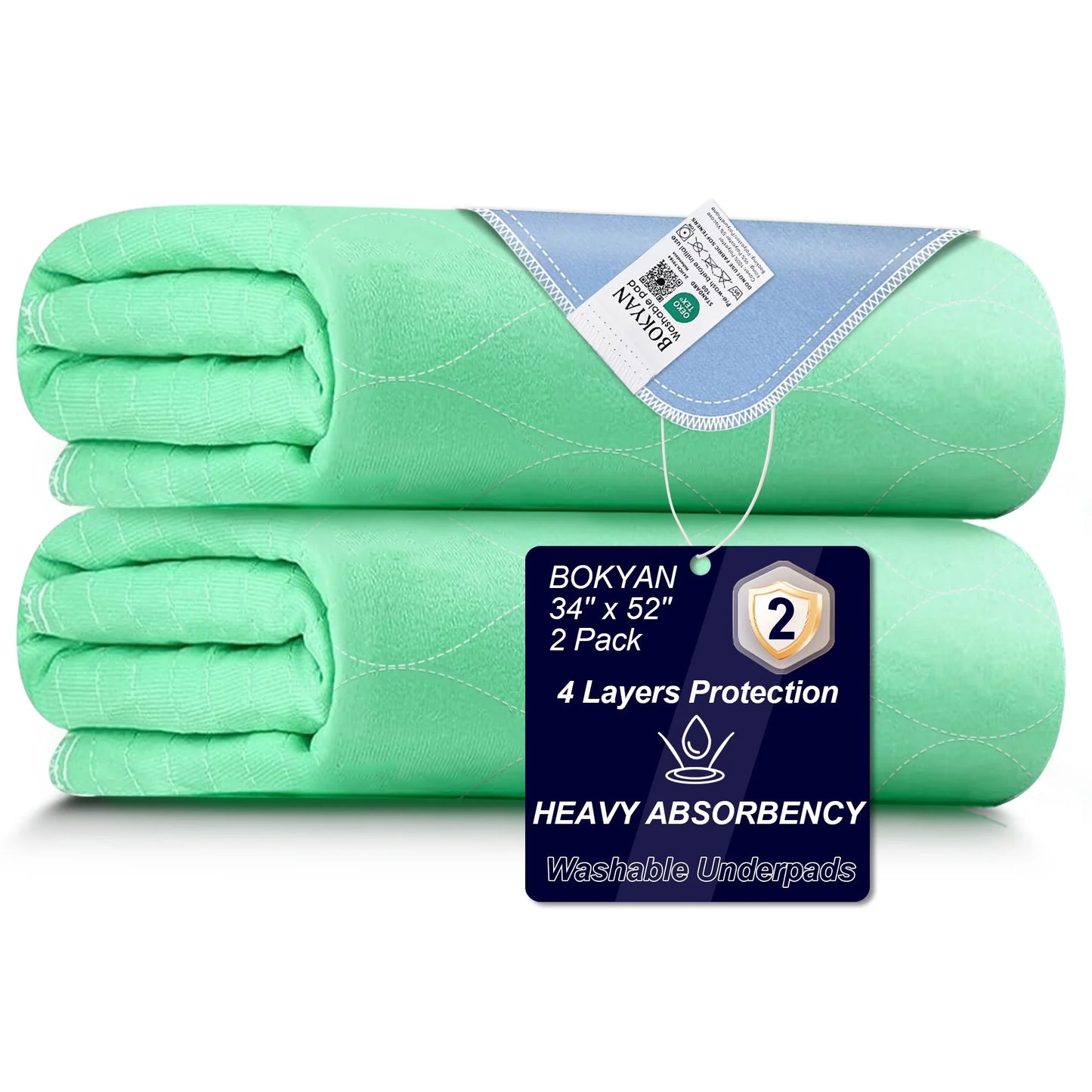 BOKYAN Washable Bed Pads 2 Pack 34"x 52", Reusable Incontinence Underpads with Extra Absorbency for Diaper Changing, Pee Pads, Puppy Pads, Waterproof Floor Protector, Green and Blue