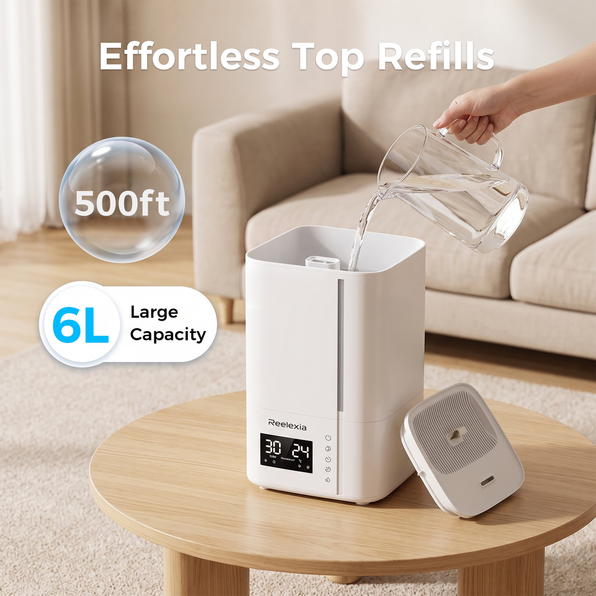 Reelexia 6L Cool Mist Humidifiers for Large Room, Home Ultrasonic Humidifier with Humidistat, Sleep Mode, Night Light, Aroma Tray,White