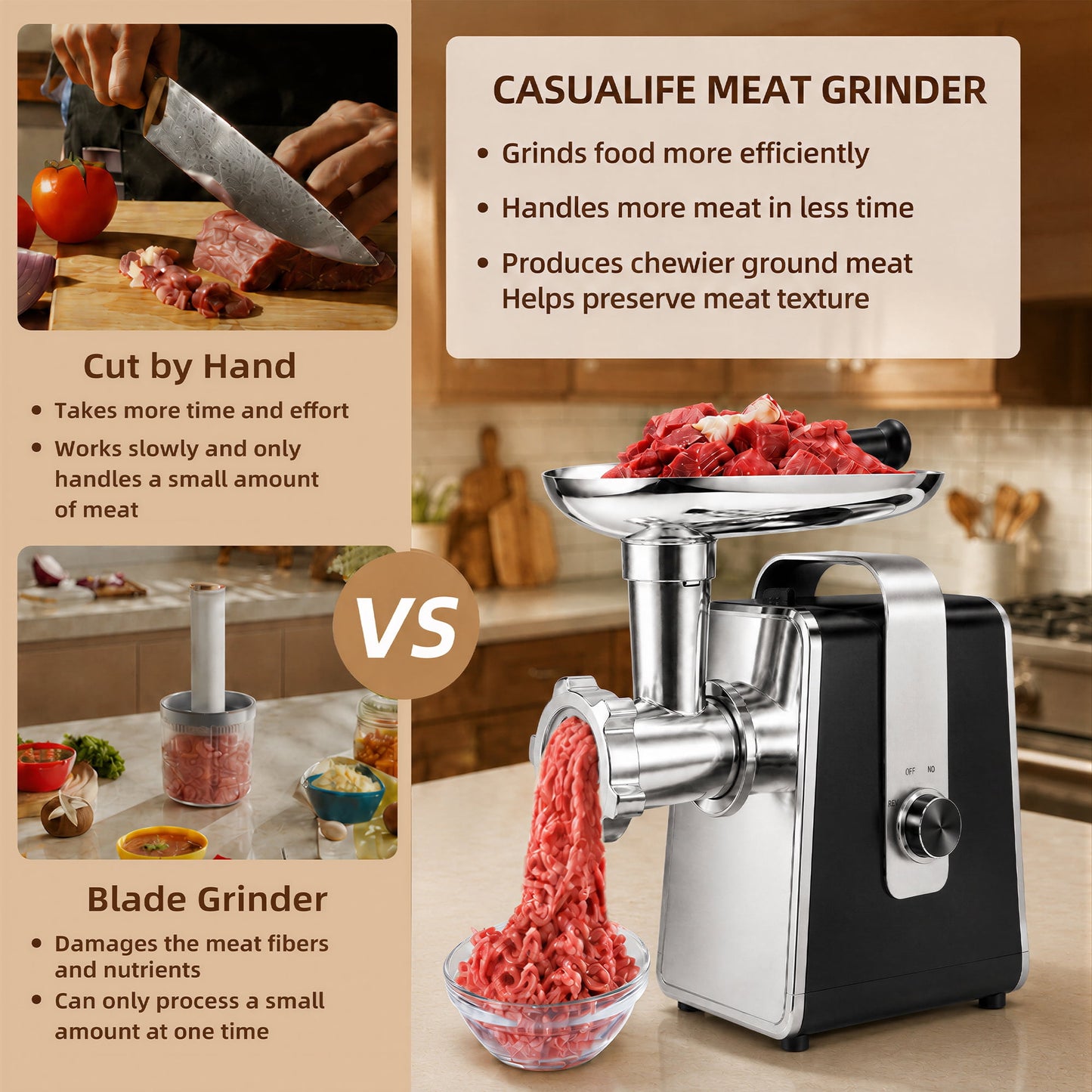 Casualife Electric Meat Grinder & Slicer, Multifunctional Food Processor, 5 Slicing Cones, 3 Molds (Includes Kibbeh) & 2 Blades