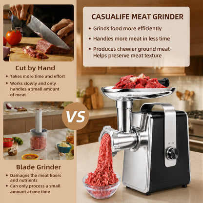 Casualife Electric Meat Grinder & Slicer, Multifunctional Food Processor, 5 Slicing Cones, 3 Molds (Includes Kibbeh) & 2 Blades