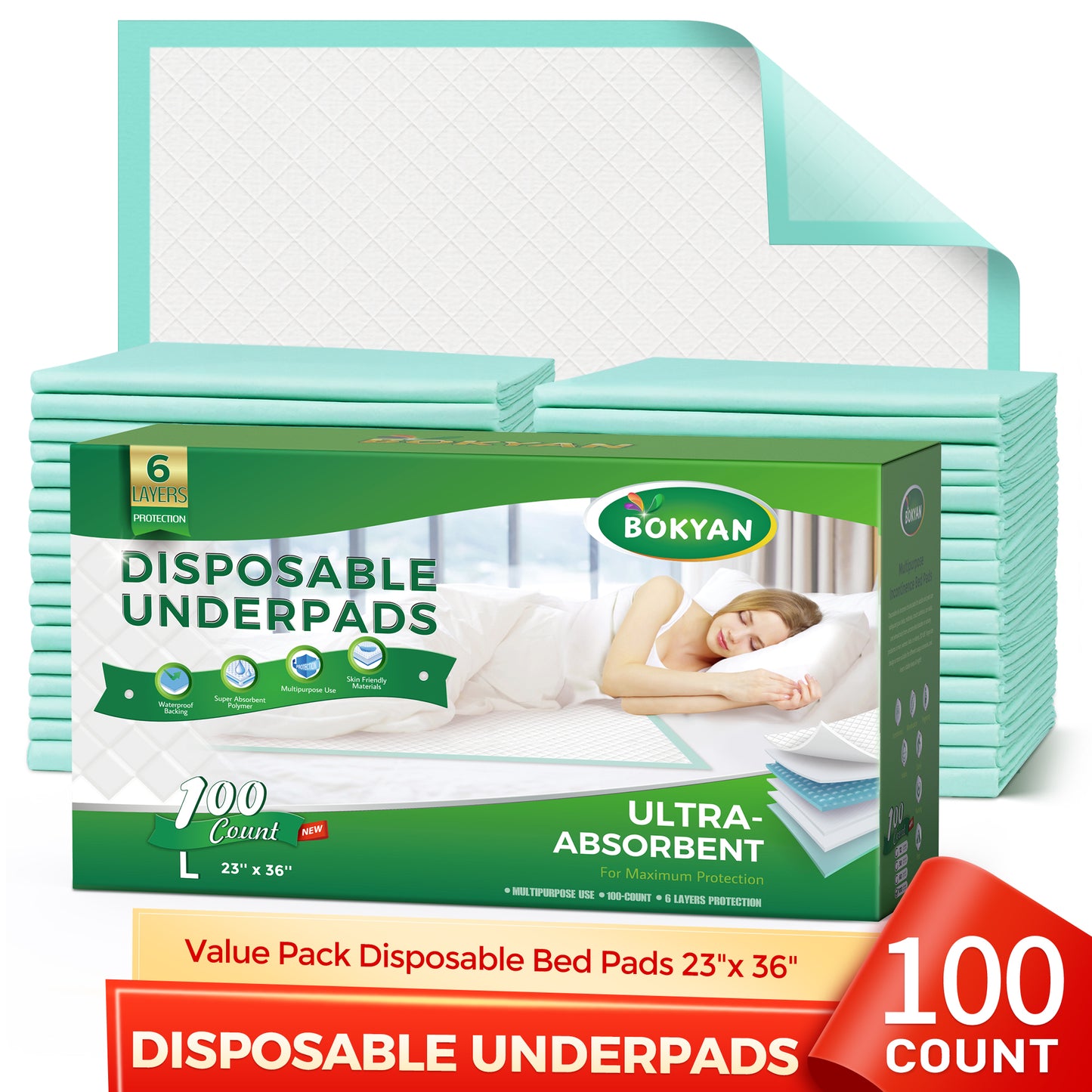 BOKYAN Disposable Underpads 23 x 36, 100 Count Bed Pads for Incontinence Unisex Large Maximum Absorbency Underpad