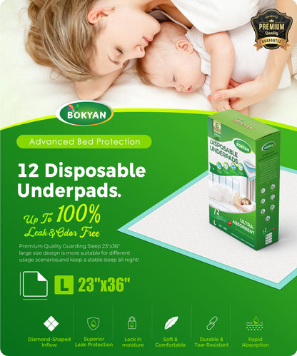 BOKYAN Disposable Bed Pads 23” x 36”, Underpads for Incontinence Waterproof Chucks Pad, Large Bed Liners Chux for Adults, Kids, and Pets, 12Ct