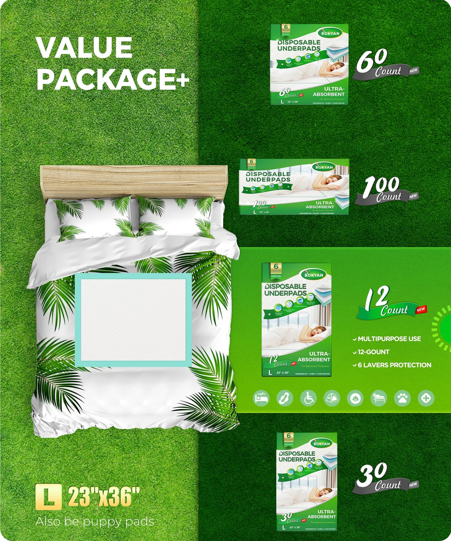 BOKYAN Disposable Bed Pads 23” x 36”, Underpads for Incontinence Waterproof Chucks Pad, Large Bed Liners Chux for Adults, Kids, and Pets, 12Ct