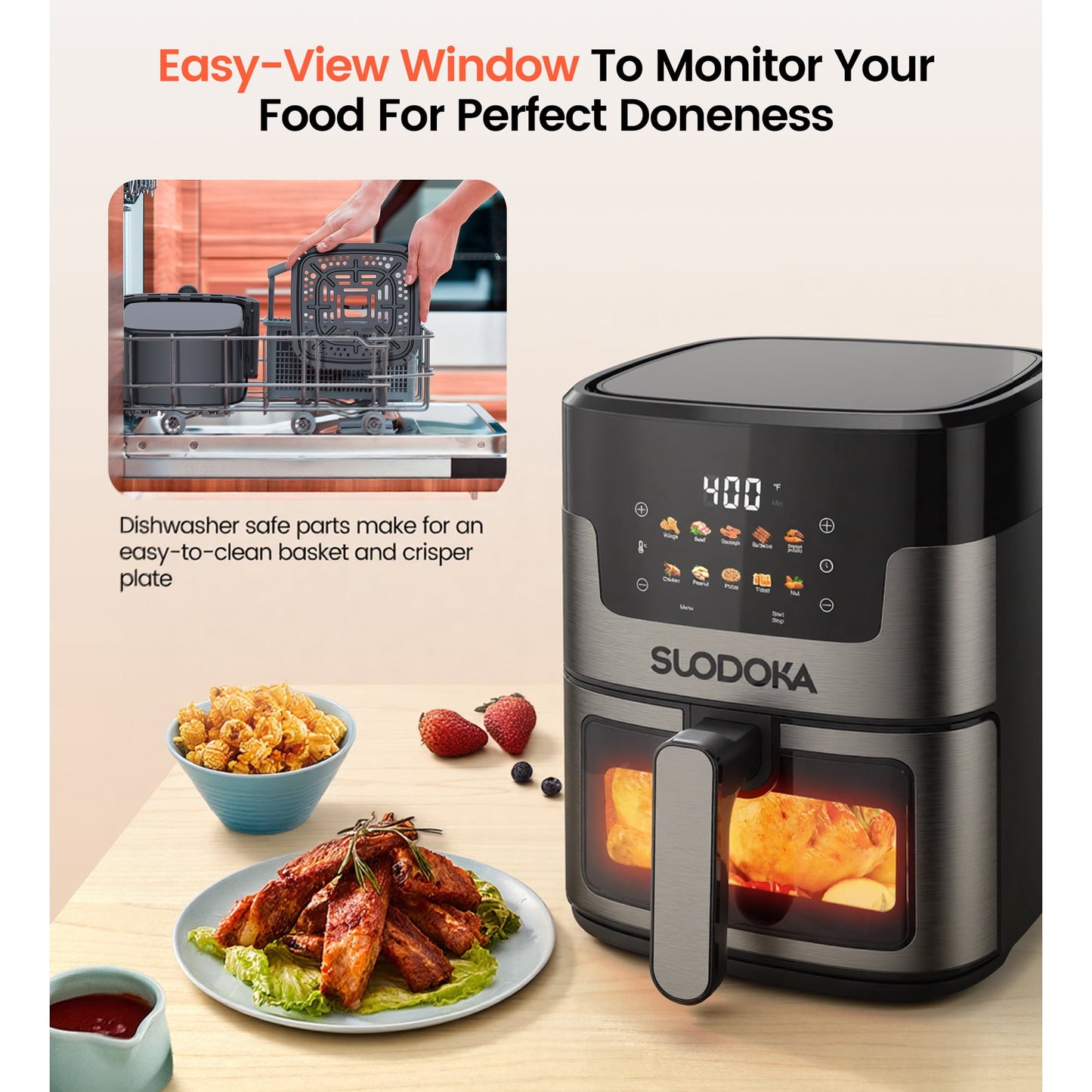 Suodoka 10 in 1 Air Fryer 6 Qt Capacity, Compact Countertop with Nonstick Basket, 400F Air Crisp