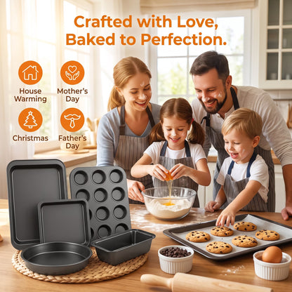 M Buder Baking Pans Set, 5 Piece Non-Stick Carbon Steel Bakeware Set, Baking Pans with Muffin Pan & Cookie Sheet & Cake Pan, Black