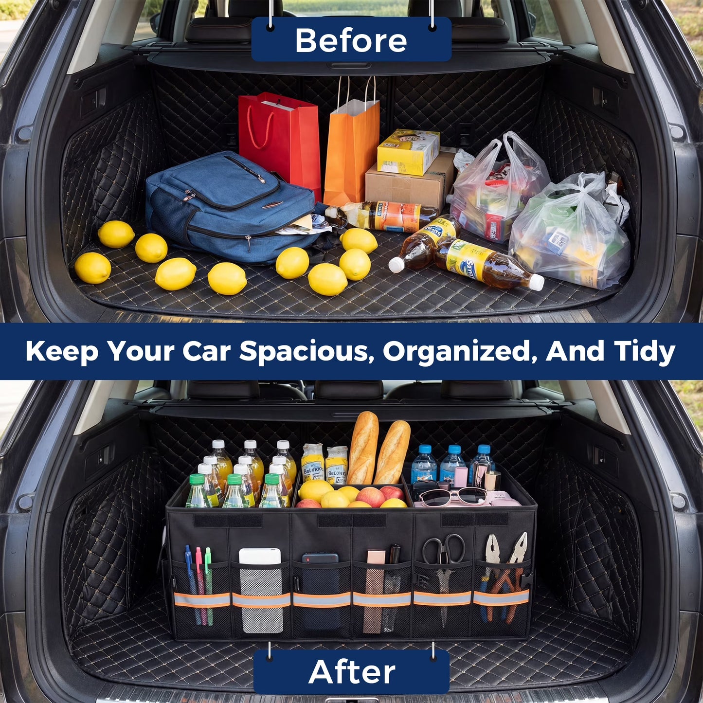 MORSUMA Trunk Organizer for Car SUV Truck, 100L Collapsible Car Storage Organizer with Dividers, Heavy Duty Oxford Fabric