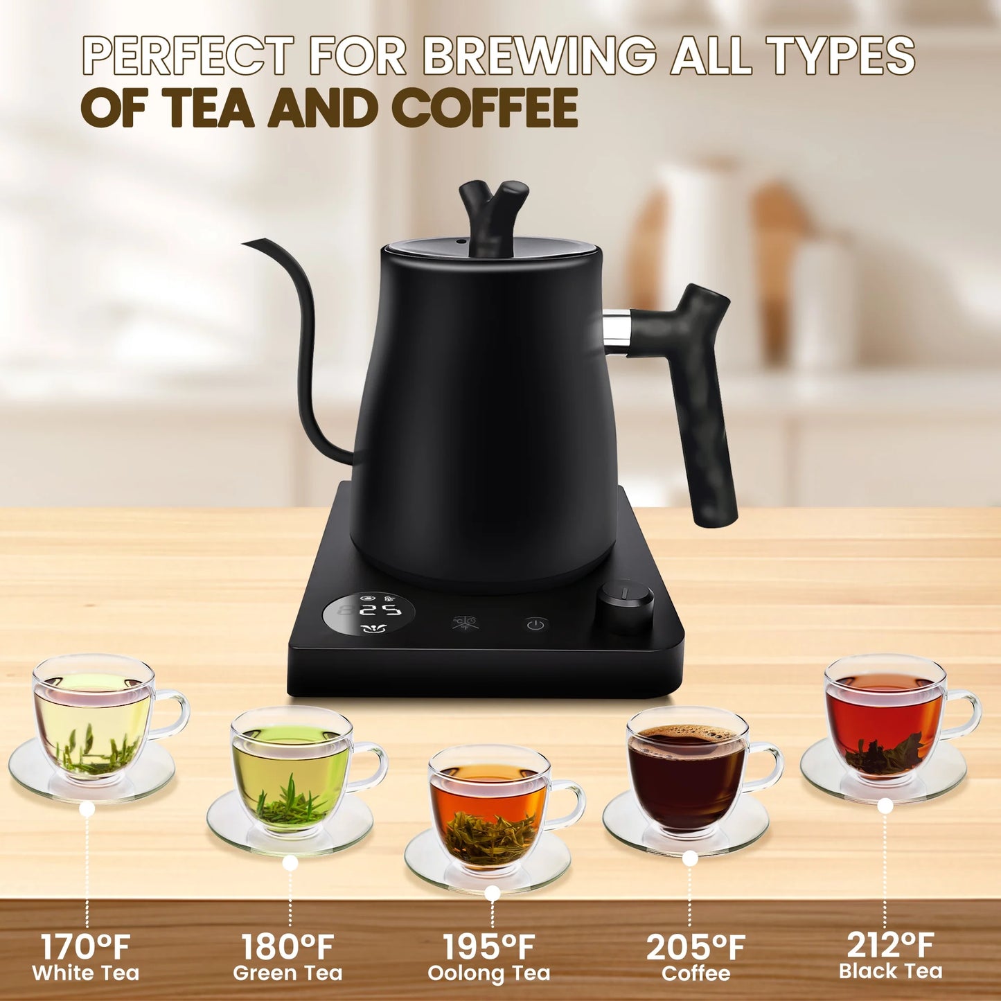 Casualife Gooseneck Electric Kettle, 28Oz Pour Over with Temp Control, 1200W Fast Boil, 36-Hour Timer, Stopwatch, Matte Black