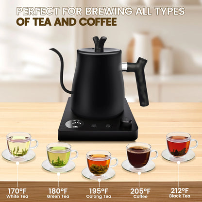 Casualife Gooseneck Electric Kettle, 28Oz Pour Over with Temp Control, 1200W Fast Boil, 36-Hour Timer, Stopwatch, Matte Black
