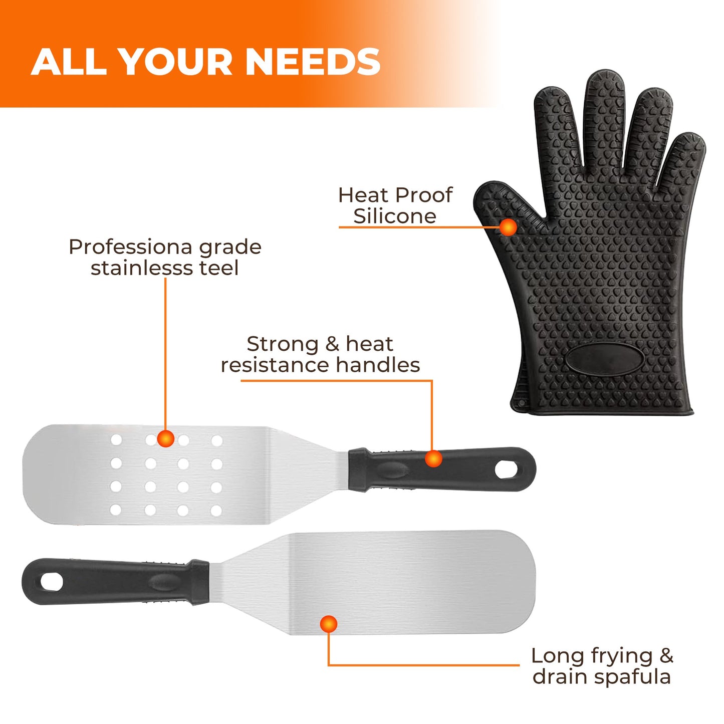 OHHANI GIidle accessory kit - spatula, barbecue brush, meat injector, etc. suitable for outdoor kitchen BBQ