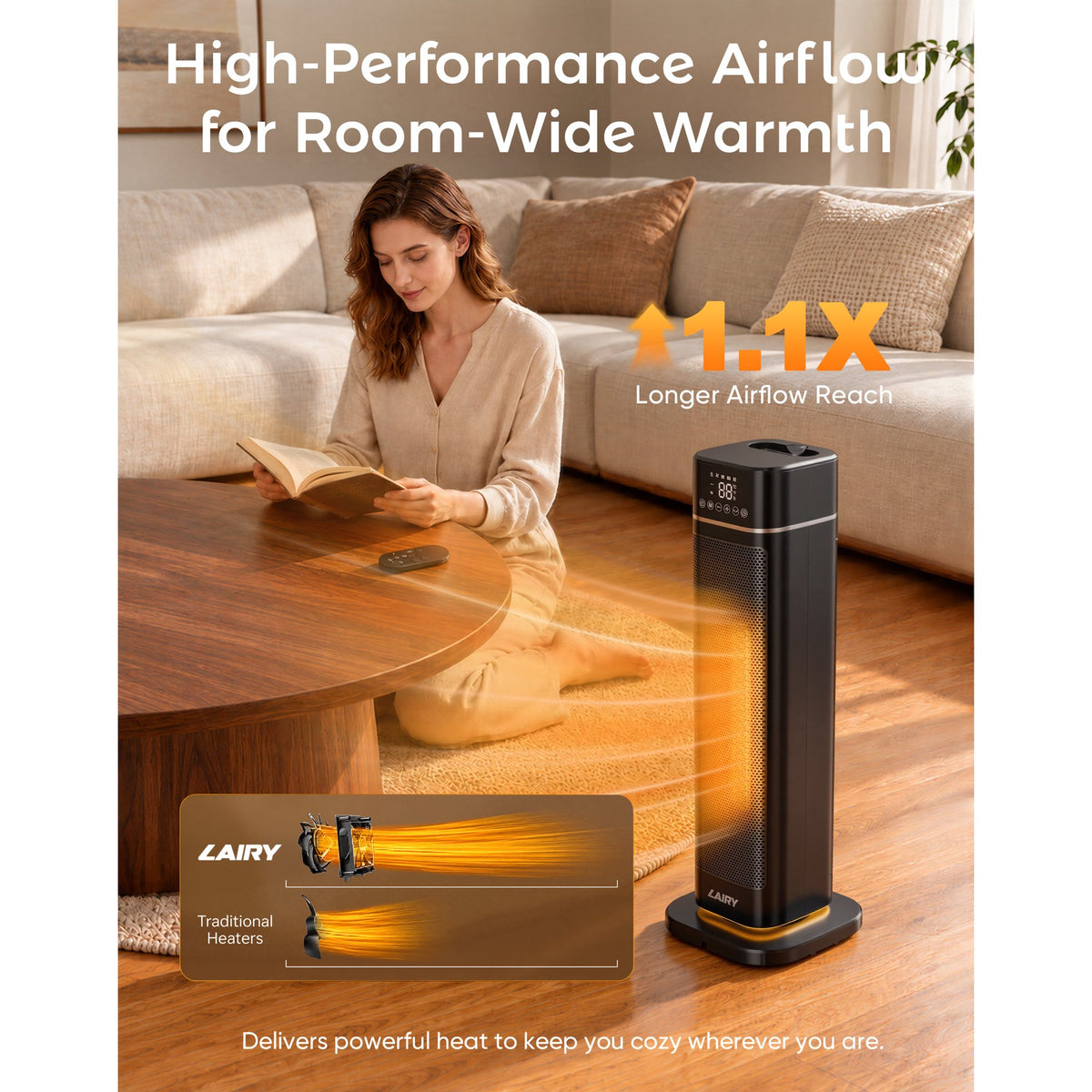 Lairy 24inch 1500W Space Heater for Indoor Use, Electric Ceramic Tower Heaters with Thermostat,3 Modes, Eco, Night Light, Black